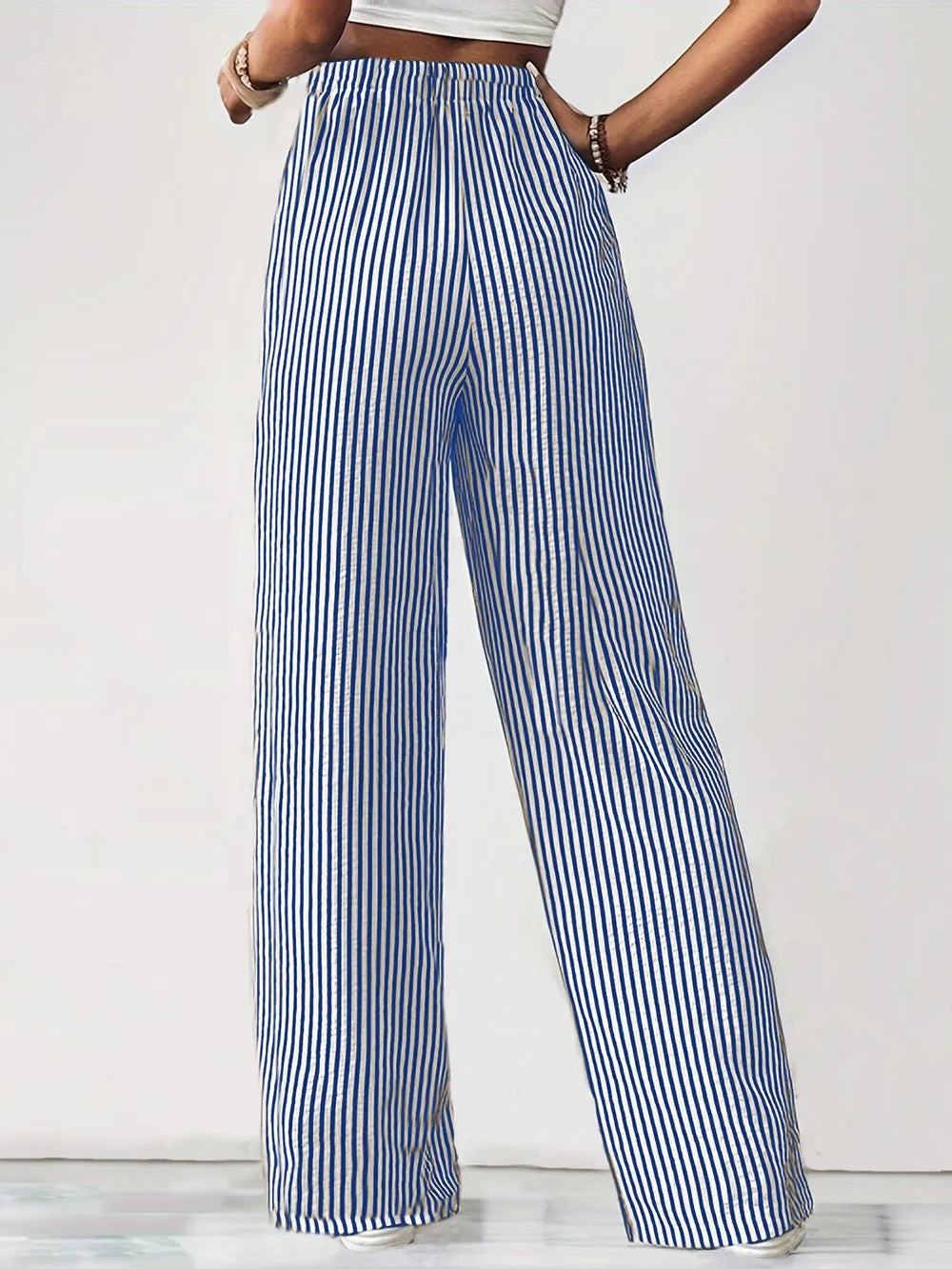 Striped Drawstring Wide-Leg Lounge Pants – Vertical Blue, Tan, & Black Stripe