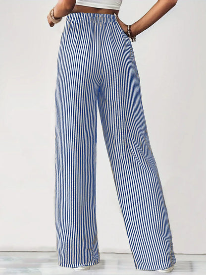 Striped Drawstring Wide-Leg Lounge Pants – Vertical Blue, Tan, & Black Stripe