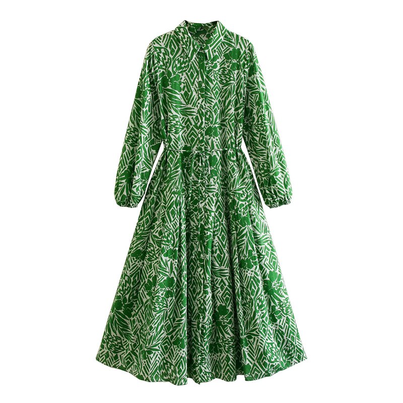 Chic Print Long Vintage Dress With Long Sleeves