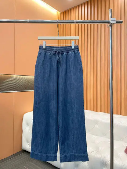Denim Feather-Cuff Blazer & Wide-Leg Drawstring Pants Set