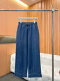 Denim Feather-Cuff Blazer & Wide-Leg Drawstring Pants Set