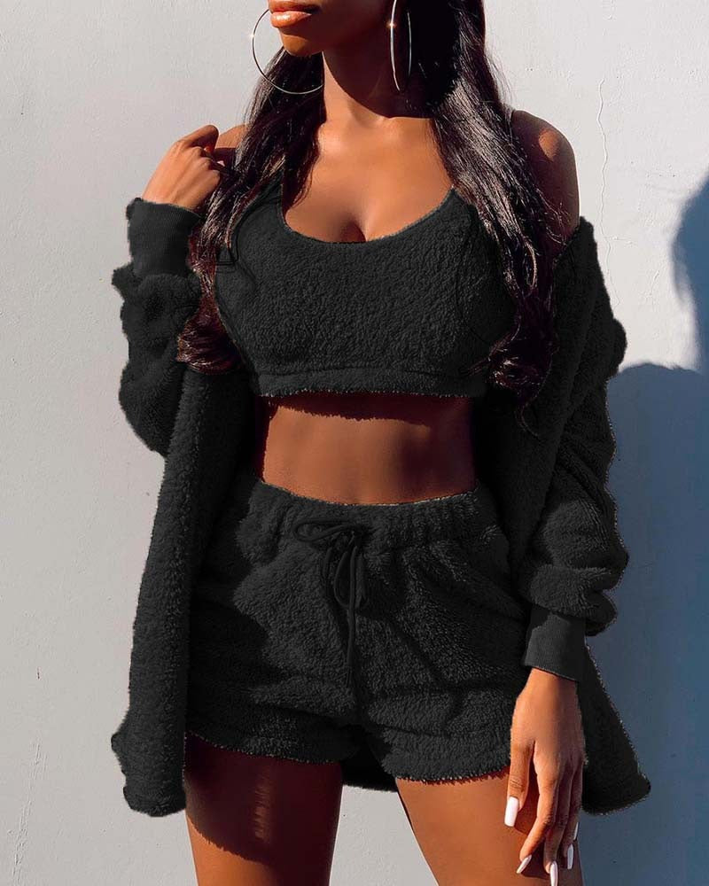 Women's Warm Fluffy Shorts Top, and Cardigan Set