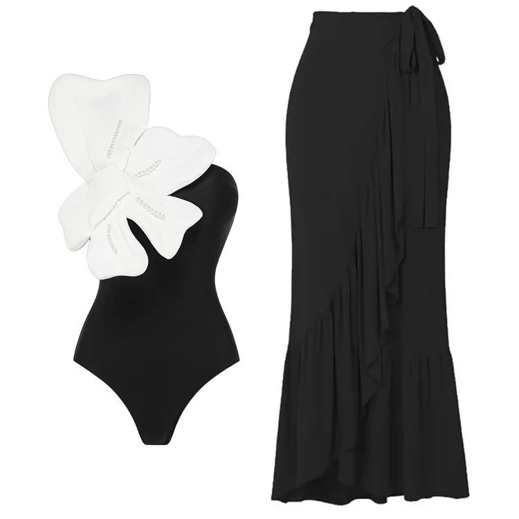 Statement  3D Butterfly Bow One-Piece Swimsuit & Black Ruffle Wrap Skirt