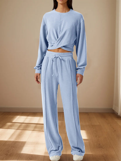 Twist-Front Pastel Knit Lounge Set – Cozy Crewneck Sweater & Drawstring Wide-Leg Pants