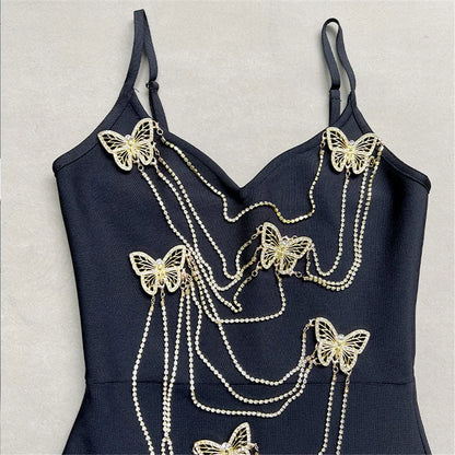 Fashionable Black Figure Accentuating Dress with Embroidered Butterfly Bead Chains