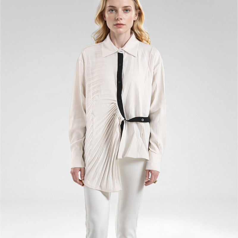 Pleated Long Sleeved White Shirt for Women