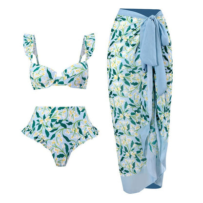 Three-piece Set of Retro Style Print Swimsuits Paired with a Matching Sarong in Multiple Designs