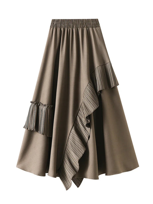 Elegant Midi Length Asymmetrical Ruffles Skirt