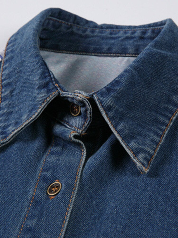 Fashionable Mixed Material Denim  Long Sleeves Shirt For Women