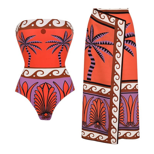 Island Vibes Palm Print Swimsuit & Sarong Set