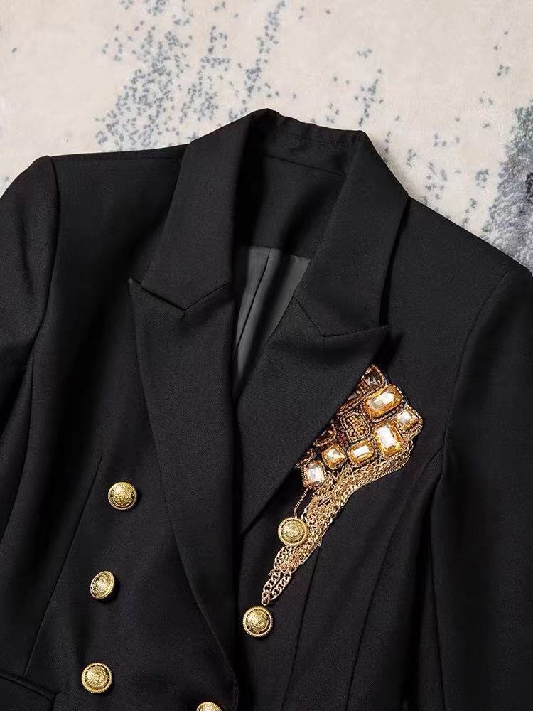 Women's Double Breasted Black  Blazer With Gold Embellishments