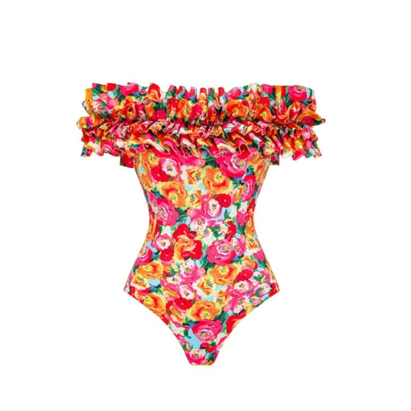 Retro Style Floral One-piece  Swimsuit and Matching Skirt