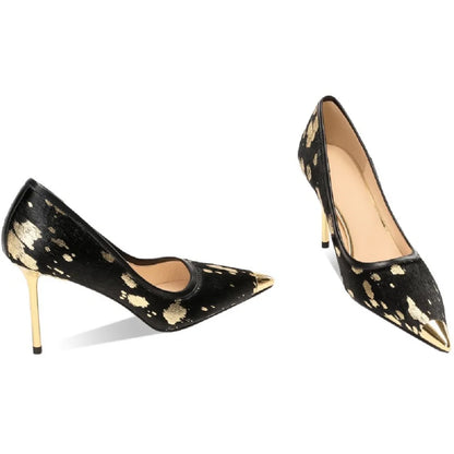 Gilded Splatter Pony-Hair Pointed-Toe Stiletto Leather Pumps