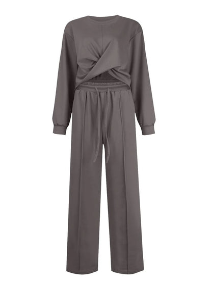 Twist-Front Pastel Knit Lounge Set – Cozy Crewneck Sweater & Drawstring Wide-Leg Pants