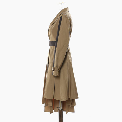 Edgy Medium Length Belted Long Sleeved Coat with an Assymetric Pleated Skirt