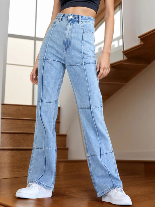 High-Waist Paneled Flare Jeans (Light Wash)