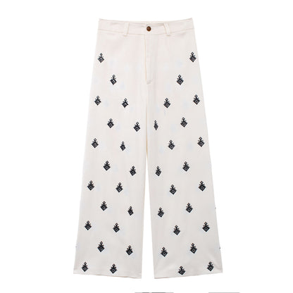 Embroidered Geo-Motif Linen-Blend Shirt & Wide-Leg Trouser Set