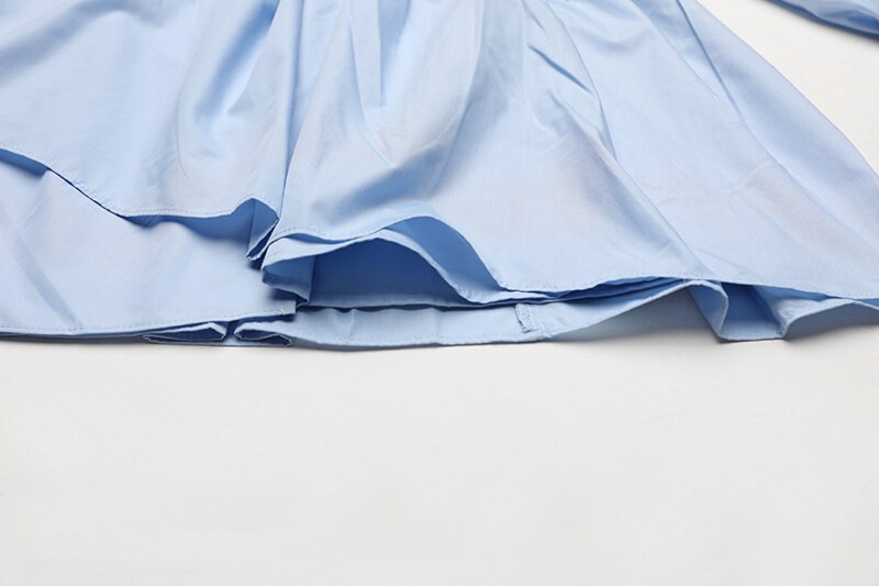 Sky-Blue Smocked Ruffle Asymmetrical Poplin Blouse