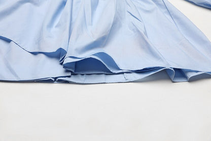 Sky-Blue Smocked Ruffle Asymmetrical Poplin Blouse