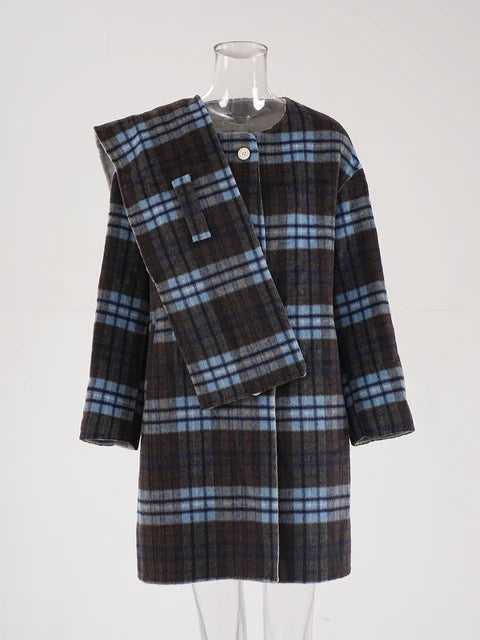 Women's Single Breasted Plaid Woolen Coat With Detachable Scarf