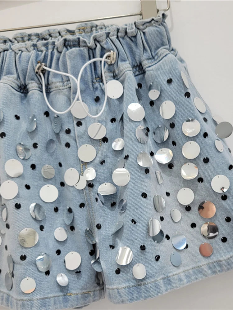 Women's Denim Short Elastic High Waist Wide Leg Loose Big Sequins Beading Short Pants  Summer New Fashion