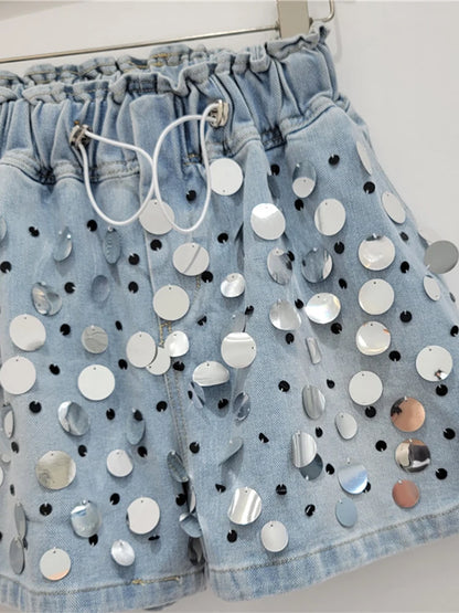 Women's Denim Short Elastic High Waist Wide Leg Loose Big Sequins Beading Short Pants  Summer New Fashion