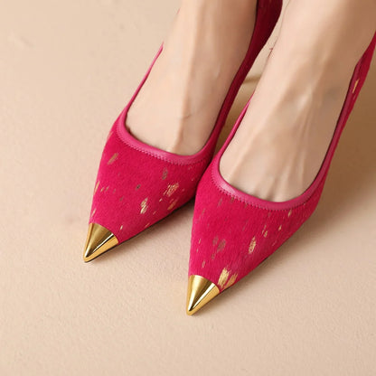 Gilded Splatter Pony-Hair Pointed-Toe Stiletto Leather Pumps