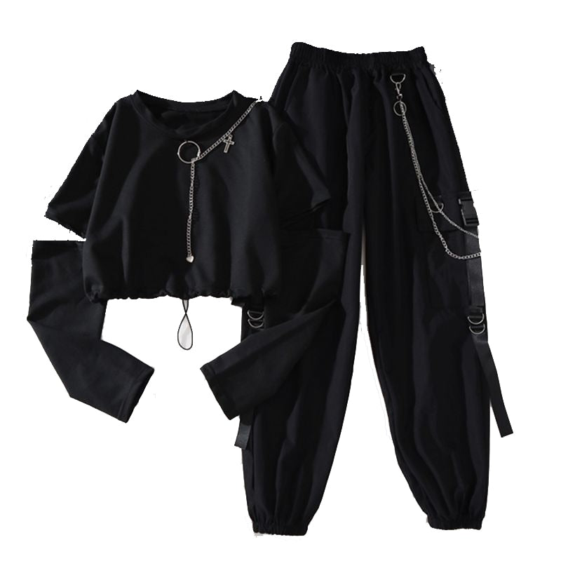 Women's Harajuku Cargo Pants and Long Sleeves Cropped Top with Cool Chains Details