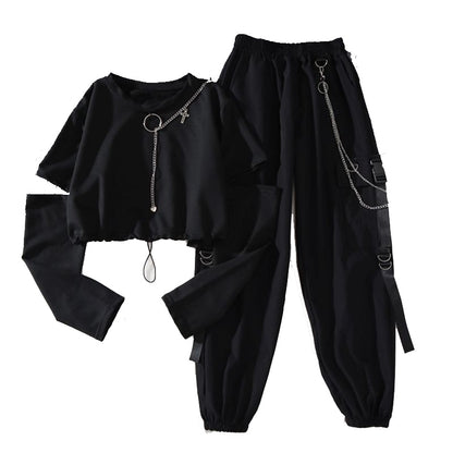 Women's Harajuku Cargo Pants and Long Sleeves Cropped Top with Cool Chains Details
