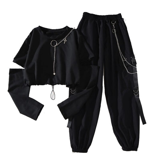 Women's Harajuku Cargo Pants and Long Sleeves Cropped Top with Cool Chains Details