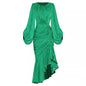 Stunning Green Dress with a Round Neck, Lantern Sleeves, and Long  Fishtail Skirt