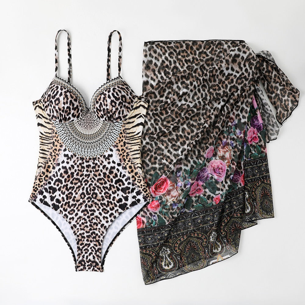 One-piece Leopard Print Swimsuit Paired With a Stunning Gathered Sarong.