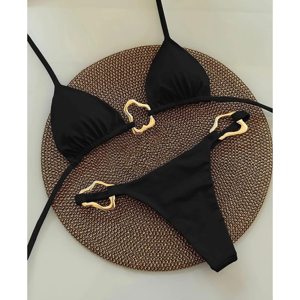 Heatwave Luxe Gold-Link Bikini Set – Red, Black, White