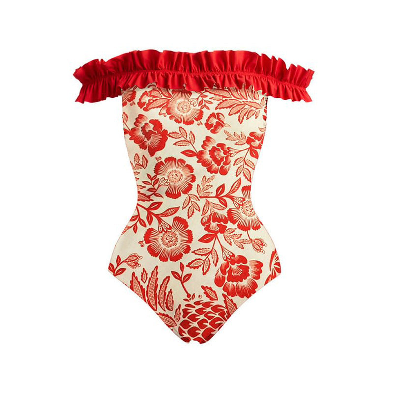 Flamenco Bloom Off-Shoulder Swimsuit & Maxi Skirt Set