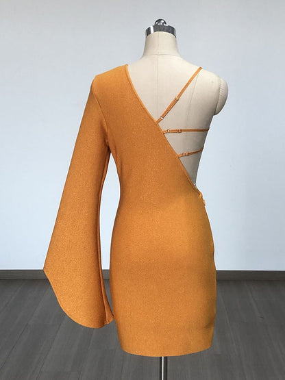 Orange Flower Sequin Design Sexy One Shoulder Long Sleeve