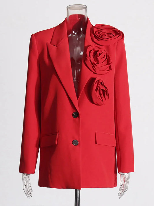 Red Floral Appliqué Blazer – Fierce Femininity, Tailored to Bloom
