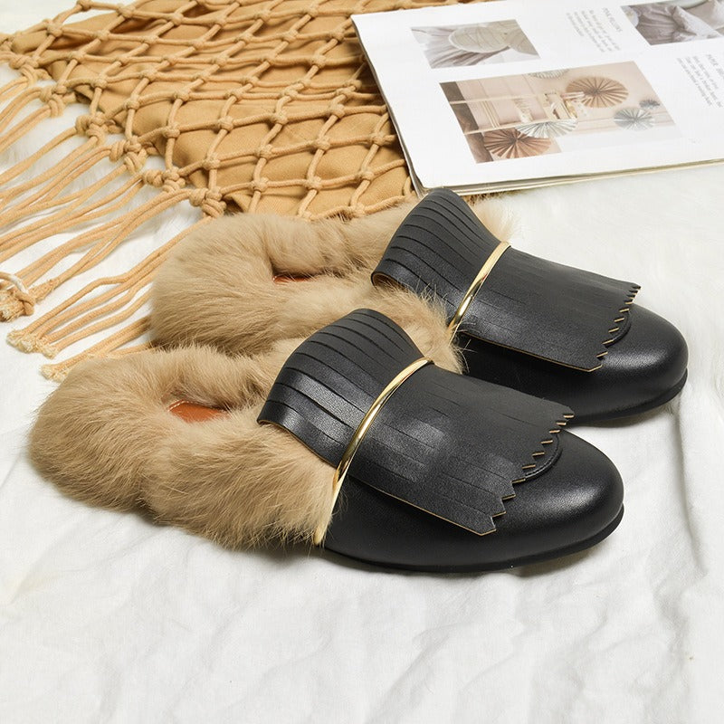 Furry Mules for Women Made With Rabbit Fur