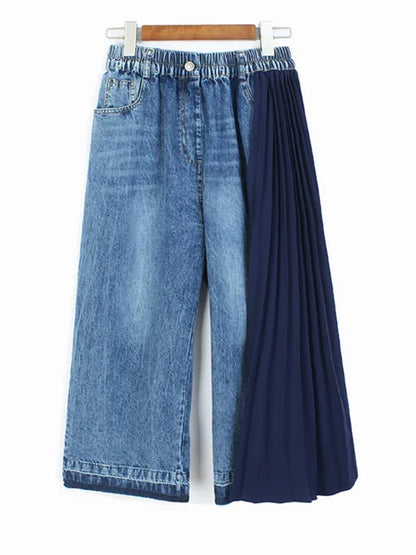 Elastic Waist Denim Pleated Wide Leg Pants