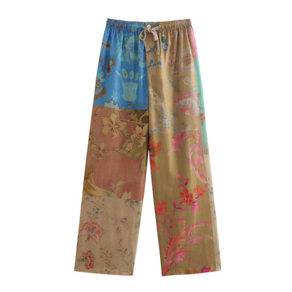 European and American color blocked printed loose shirt with lace up straight leg pants set