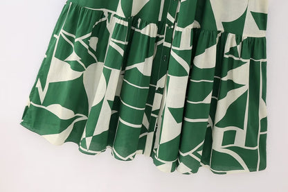 Beautiful Green Front Buttoned  Long Print Chiffon Dress