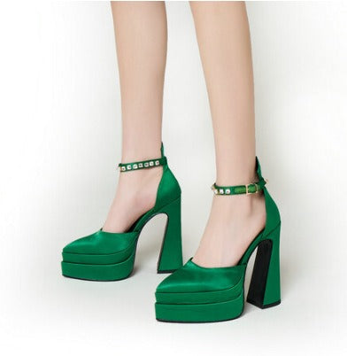 Glam Luxe Satin Platform Heels with Rhinestone Ankle Strap