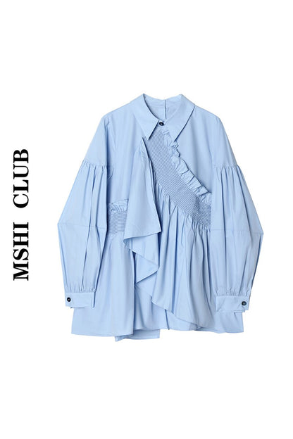 Sky-Blue Smocked Ruffle Asymmetrical Poplin Blouse