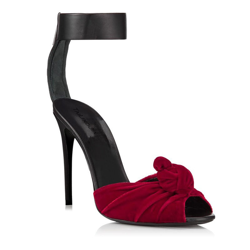 Velvet Rosette Ankle-Strap Stiletto Sandals