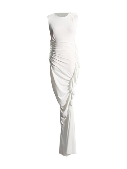 Stylish Slim Fitting Hip-Hugging Long Dress Sleeveless Design  With a Side Pleat.