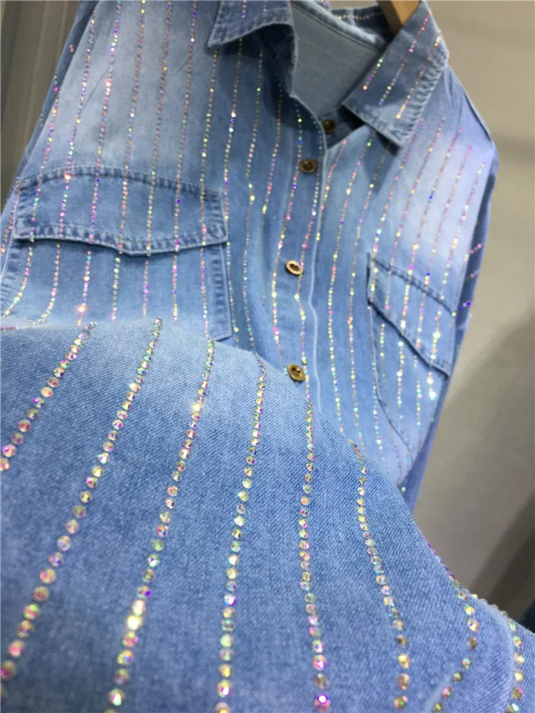 Sparkle-Striped Denim Utility Shirt