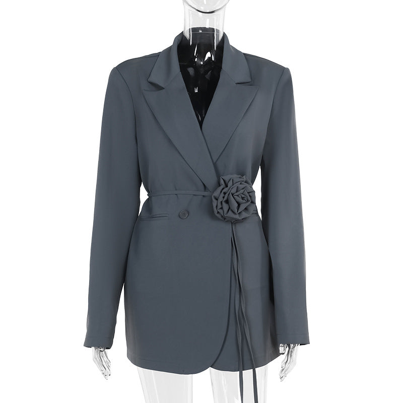 Grey and Black  Belted Blazer Dresses with Rose Detail – Soft Power, Perfectly Tailored