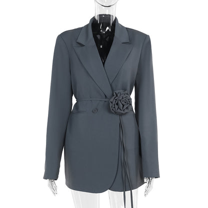 Grey and Black  Belted Blazer Dresses with Rose Detail – Soft Power, Perfectly Tailored