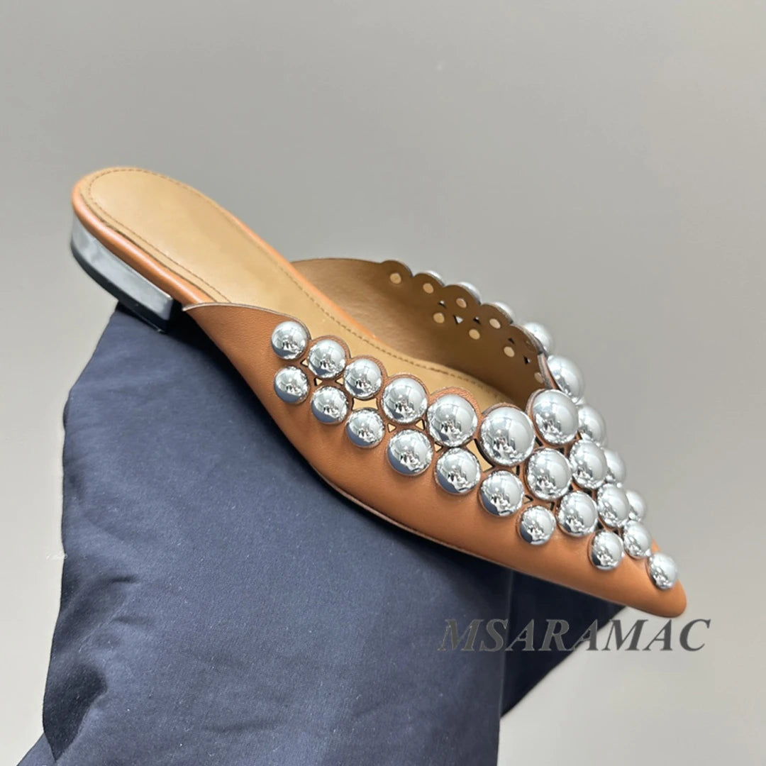 Aurora Silver-Studded Pointed-Toe Mule Flats