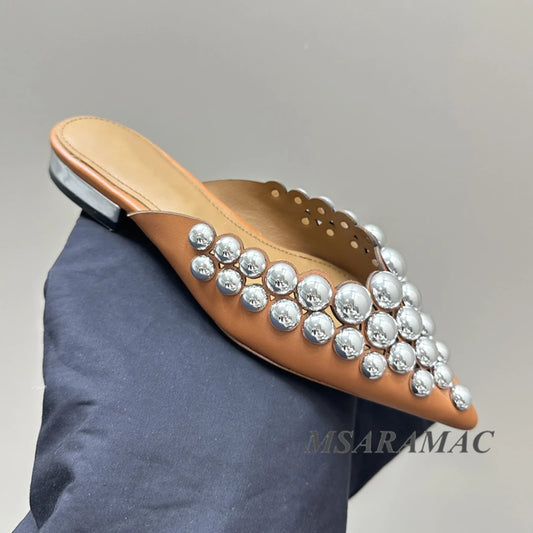 Aurora Silver-Studded Pointed-Toe Mule Flats
