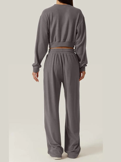 Twist-Front Pastel Knit Lounge Set – Cozy Crewneck Sweater & Drawstring Wide-Leg Pants